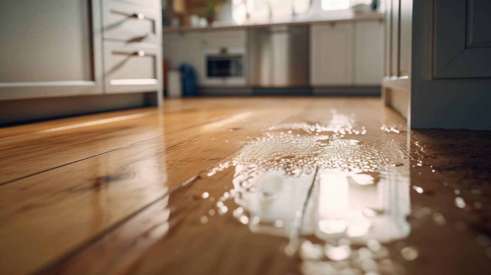 A kitchen scene with water on a wooden floor, adding a unique touch