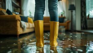 A person in yellow rain boots stands in a flooded room, water reflecting the surroundings