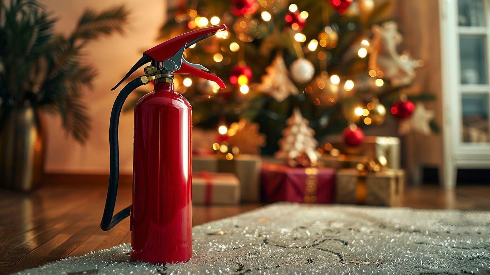 A vibrant red fire extinguisher highlights fire safety in front of a festive Christmas tree