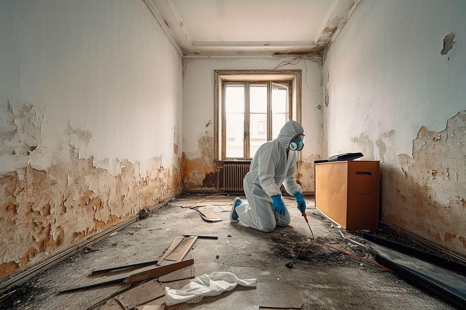 An individual in a white suit cleans a room, promoting hygiene and safety