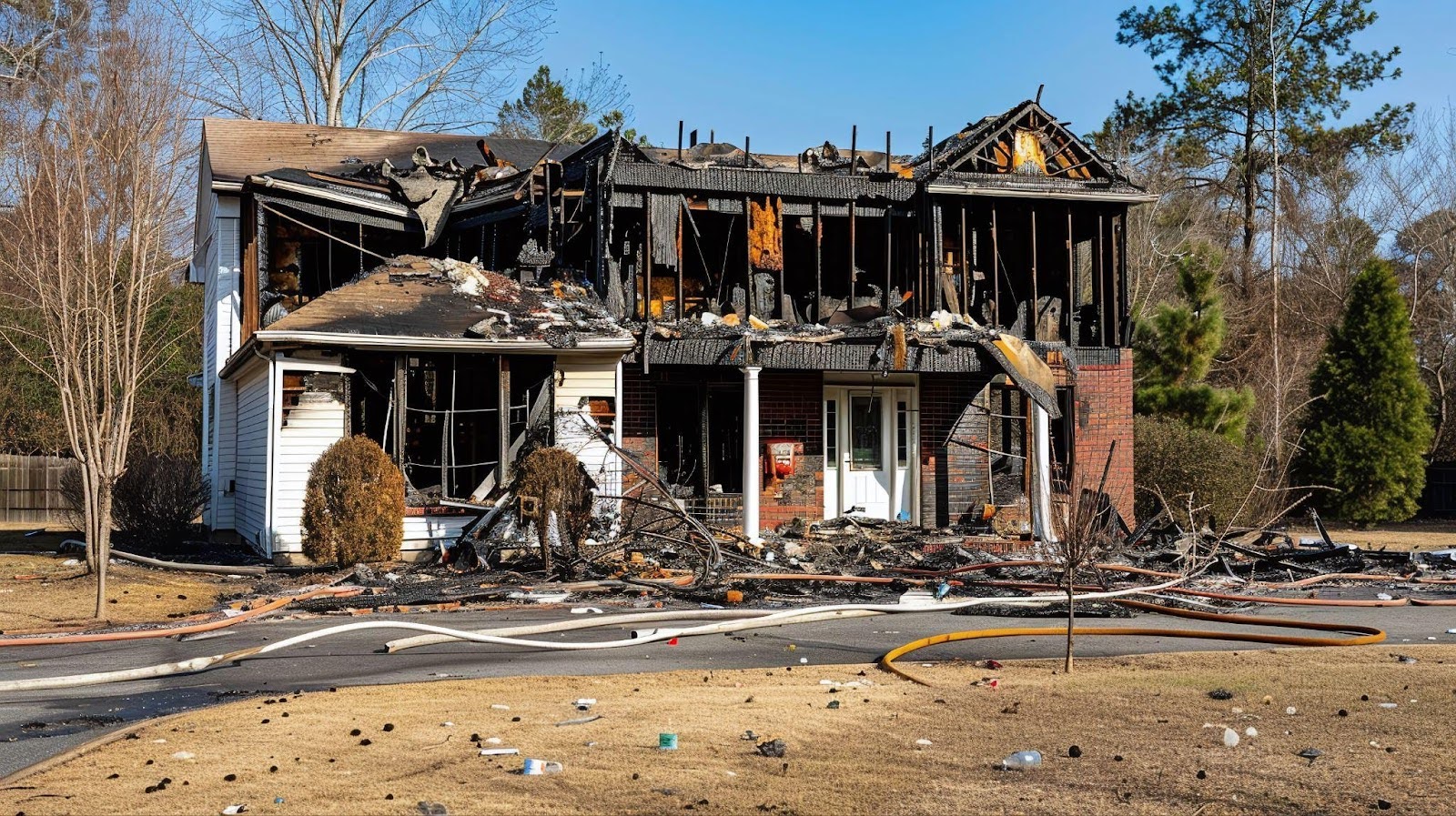 A charred house stands in ruins, with blackened walls and scattered debris