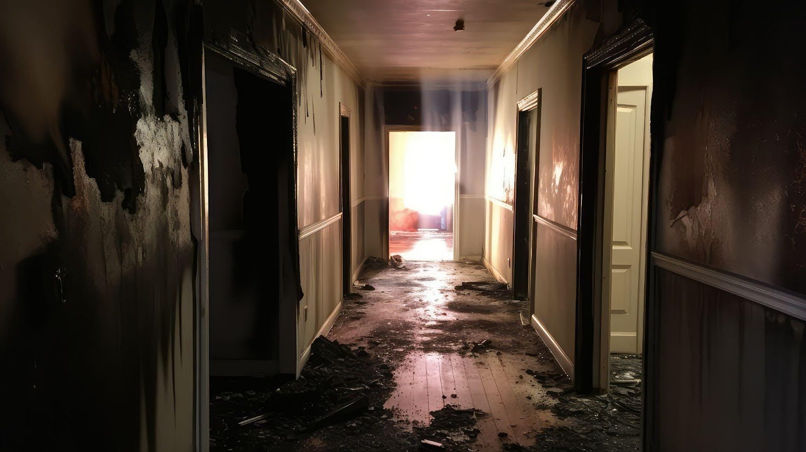 A dimly lit hallway showing smoke damage with a beam of light illuminating the space from aboveA dimly lit hallway showing smoke damage with a beam of light illuminating the space from above