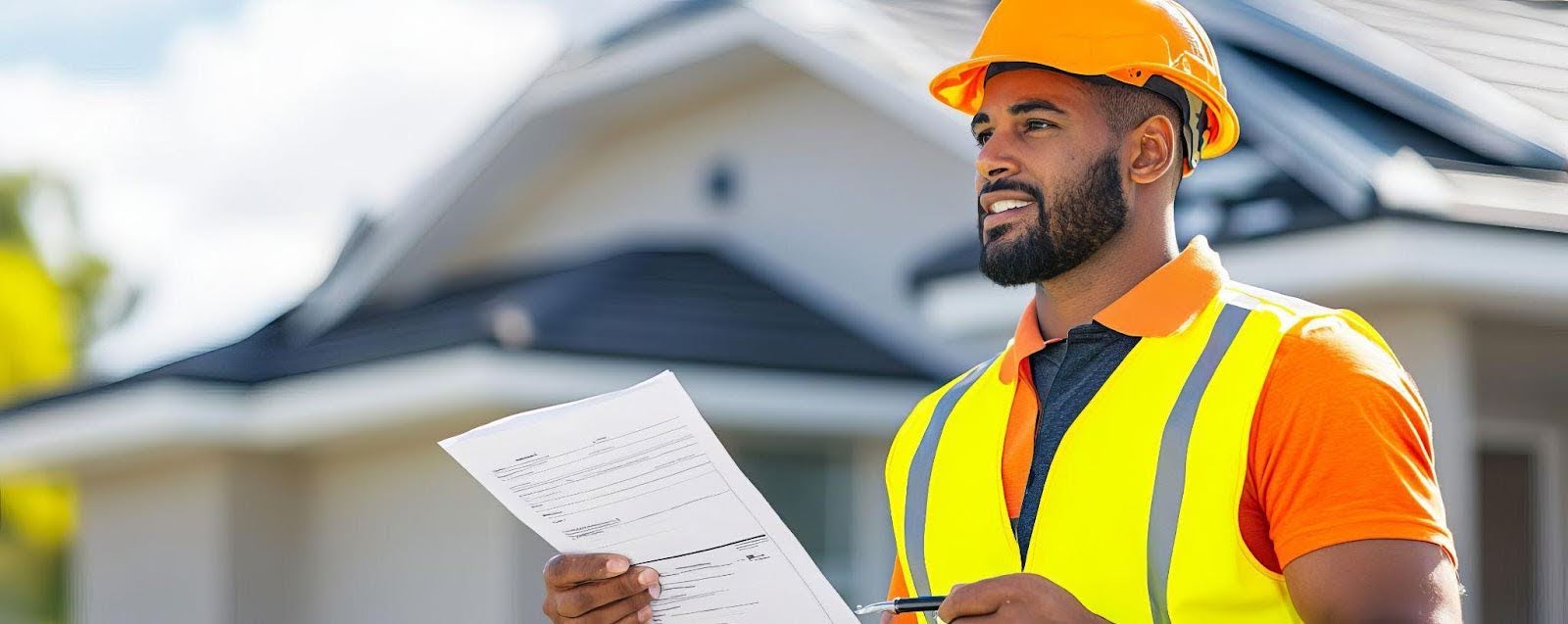 A man in an orange vest holds a paper, focused on his task