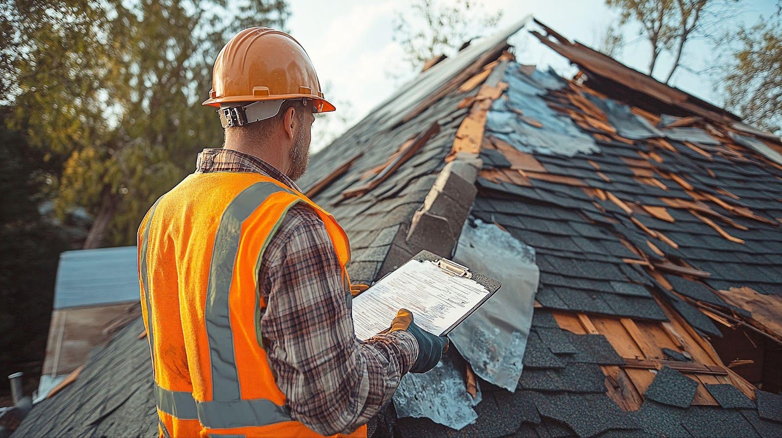 On a rooftop, a man in an orange vest is holding a clipboard