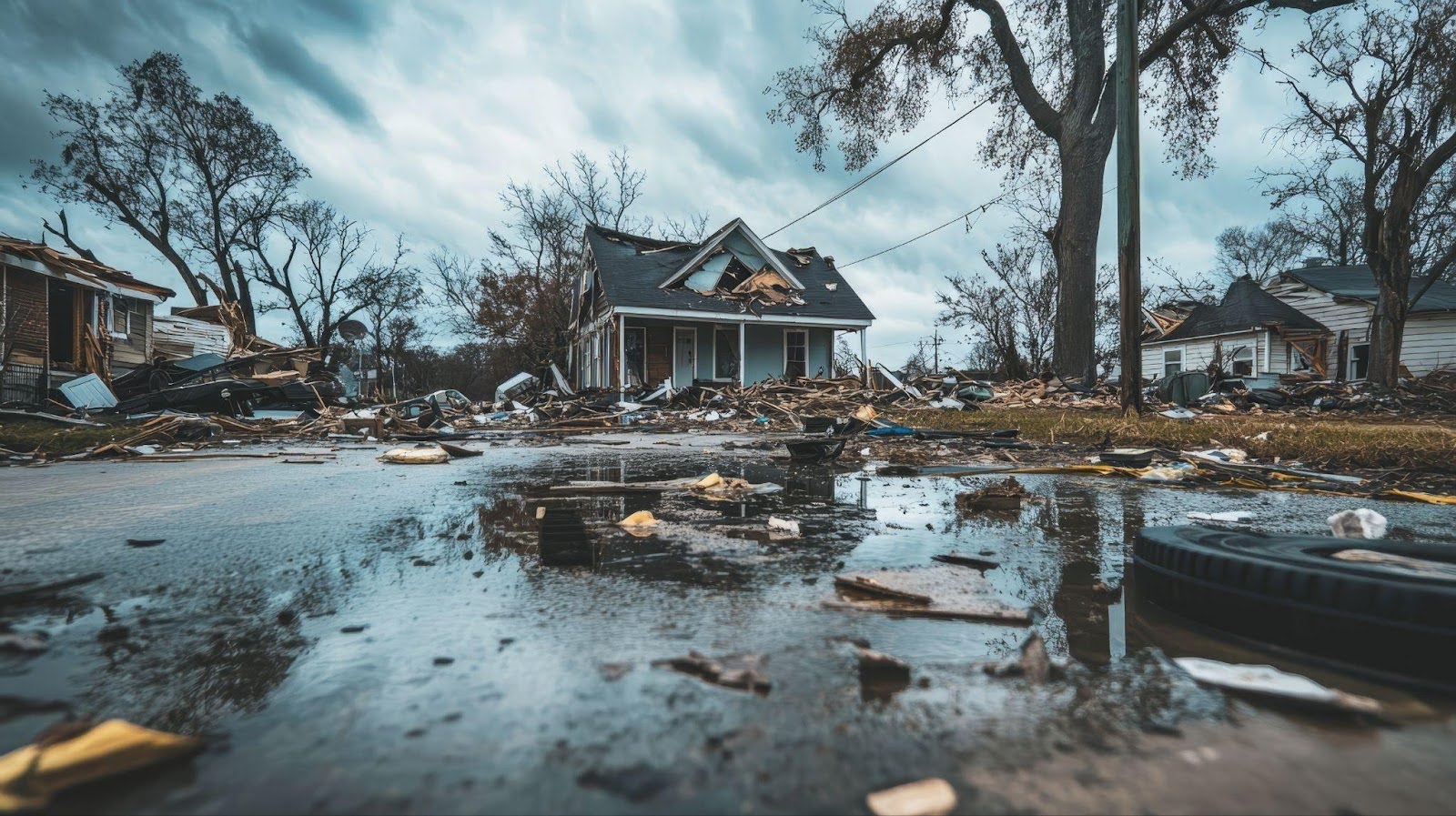 A house stands amidst scattered debris, illustrating the aftermath of a recent storm or disaster