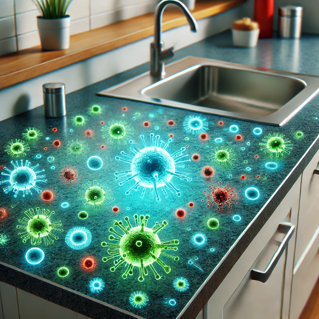 A kitchen counter showcasing vibrant, artistic virus representations