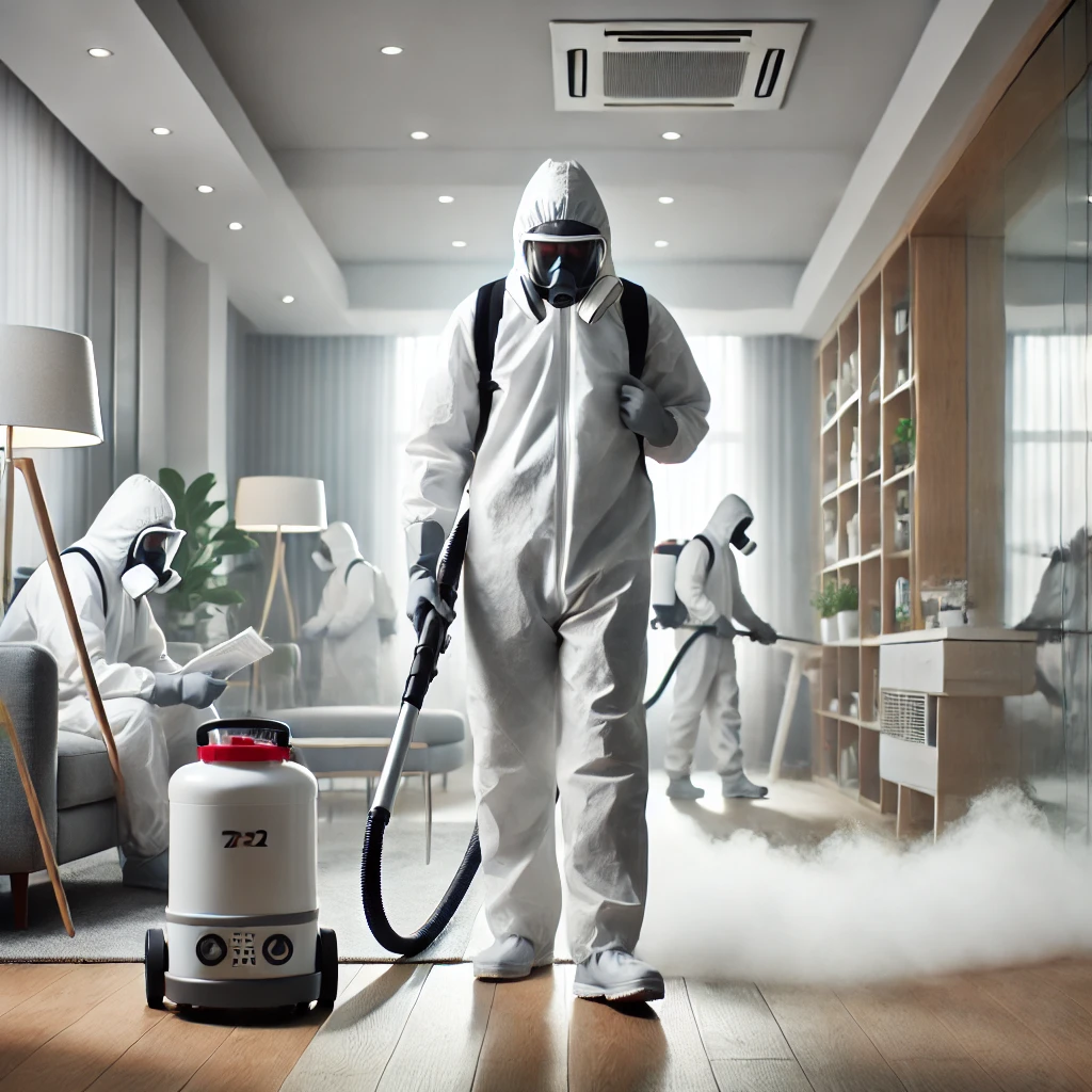 A man in protective clothing operates a vacuum cleaner, ensuring a clean and safe environment