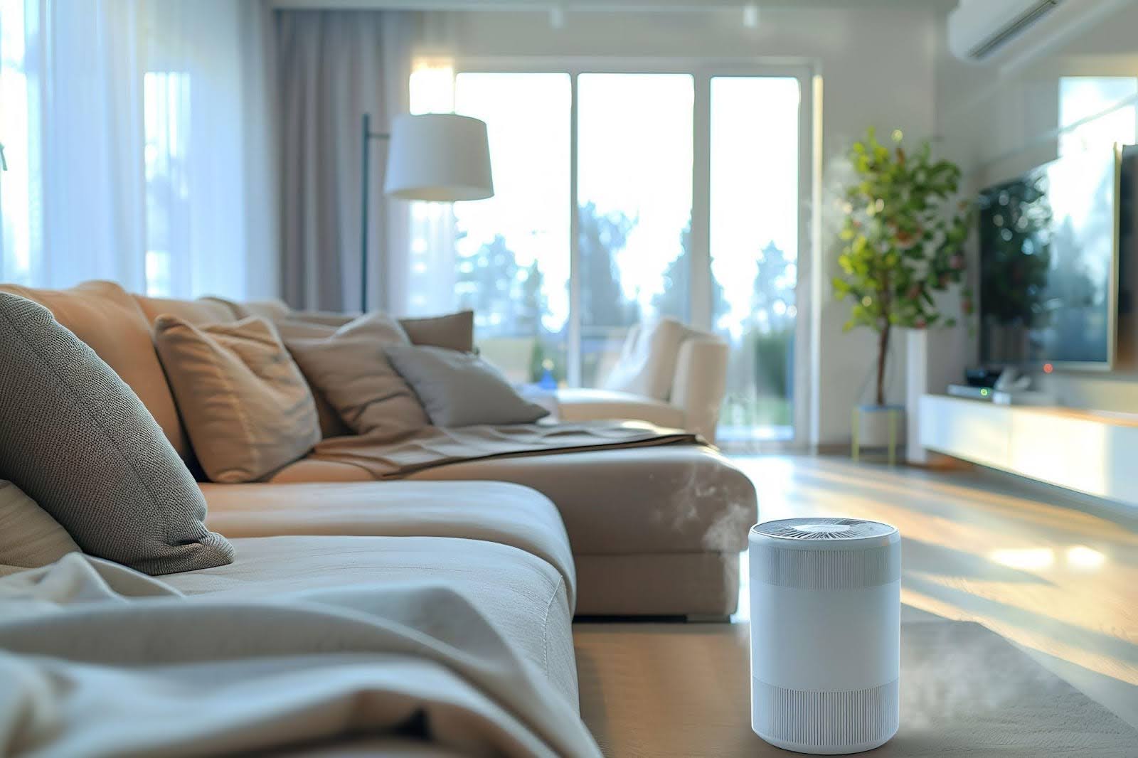 A stylish living room featuring a white air purifier for a clean, fresh environment