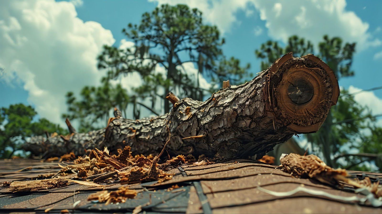 A tree on a roof with a prominent branch, blending nature and architecture