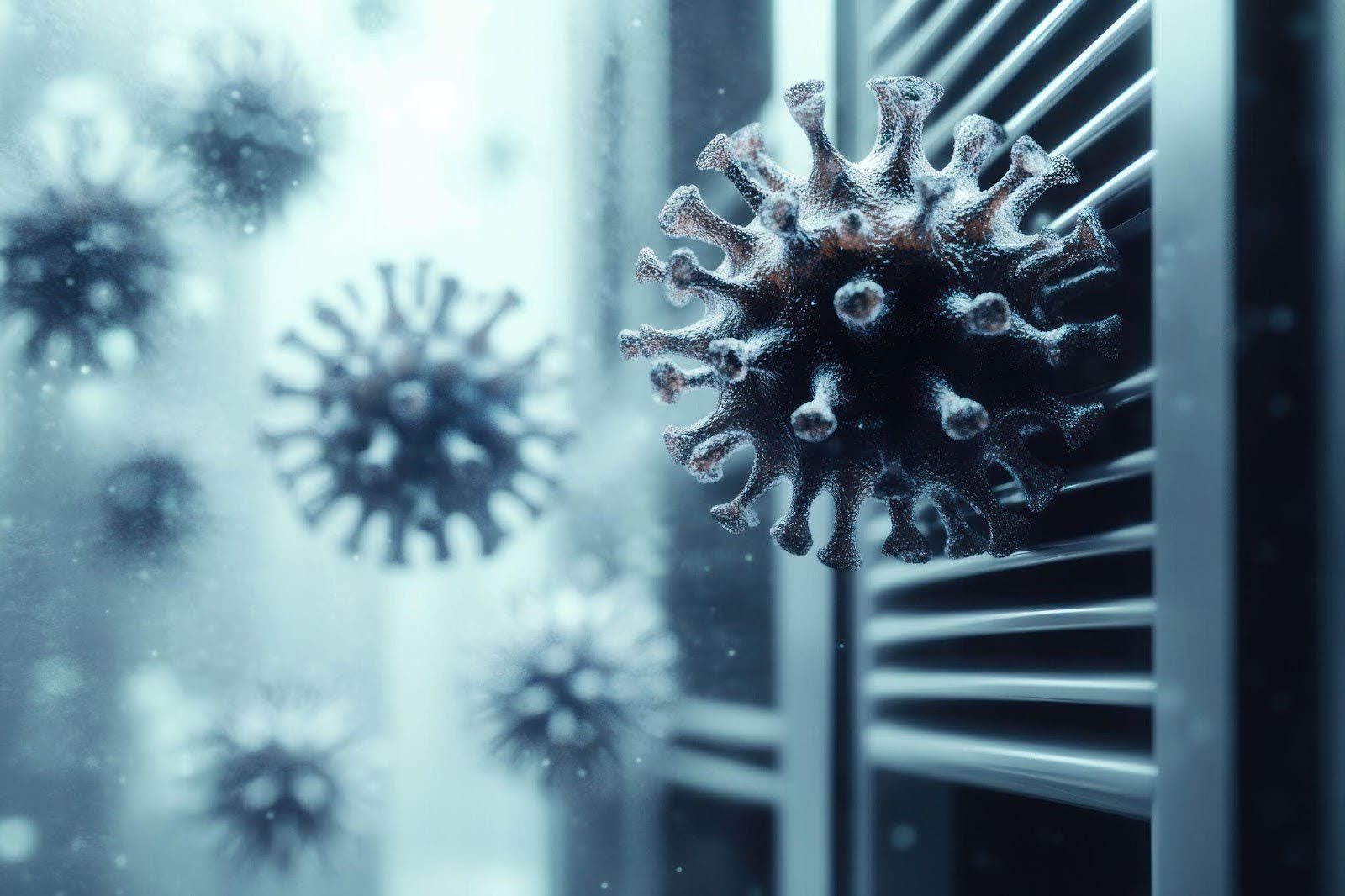 A window scene illustrating airborne coronavirus, symbolizing health risks in indoor spaces