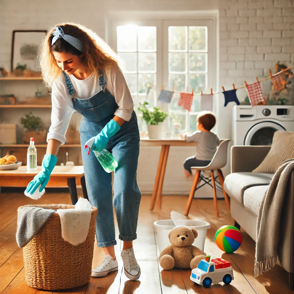 A woman is tidying a room while a child observes, creating a nurturing and organized environment