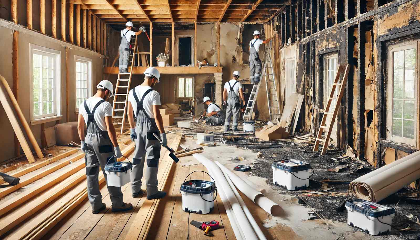 Construction crew restoring a fire-damaged room with tools, ladders, and building materials.