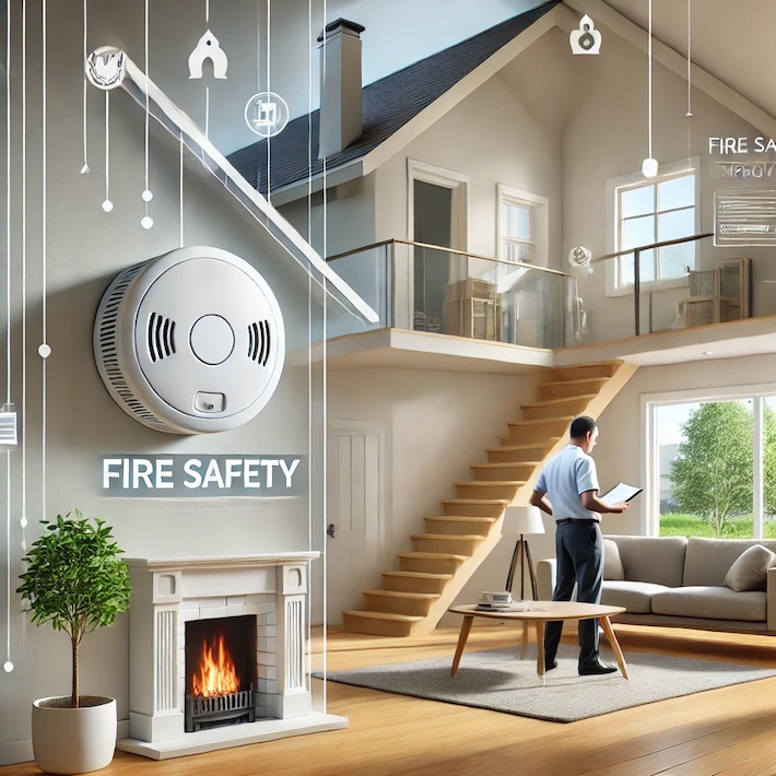 Fire safety system displayed in a modern living room with a smoke detector and smart home integration.