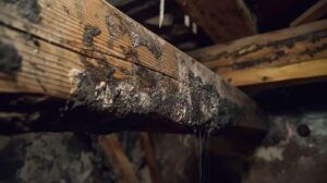 Mold on the ceiling shows dark patches and moisture issues