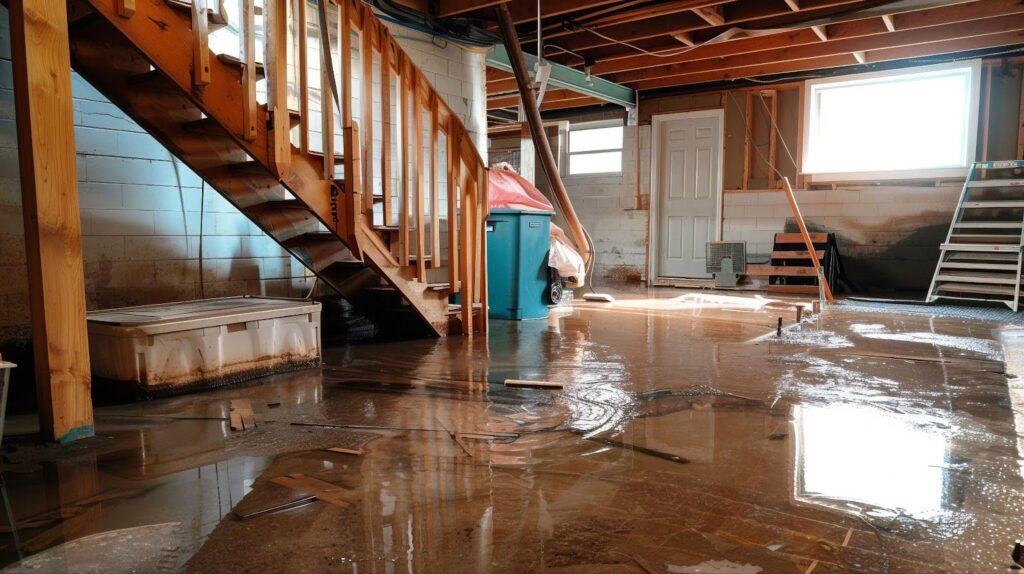 A flooded basement featuring visible stairs and a ladder leaning against the wall