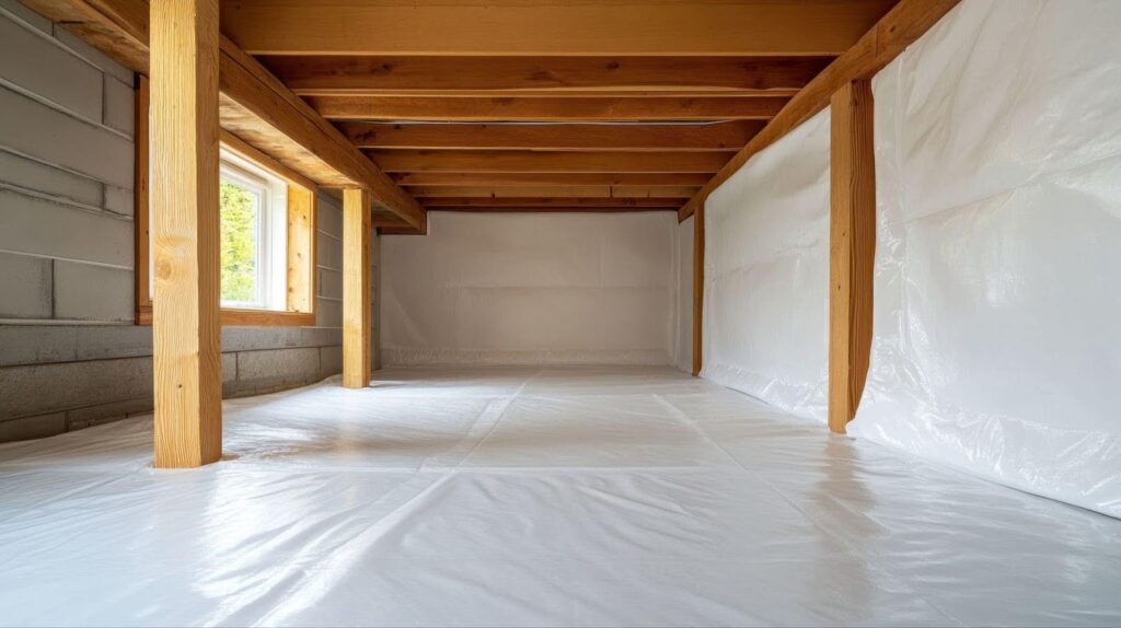 A room with a floor covered in white plastic sheeting for protection