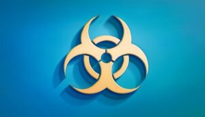 Gold biohazard symbol on a blue background.