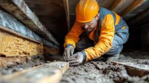 A construction worker in an orange vest and hard hat is engaged in work on a wooden floor