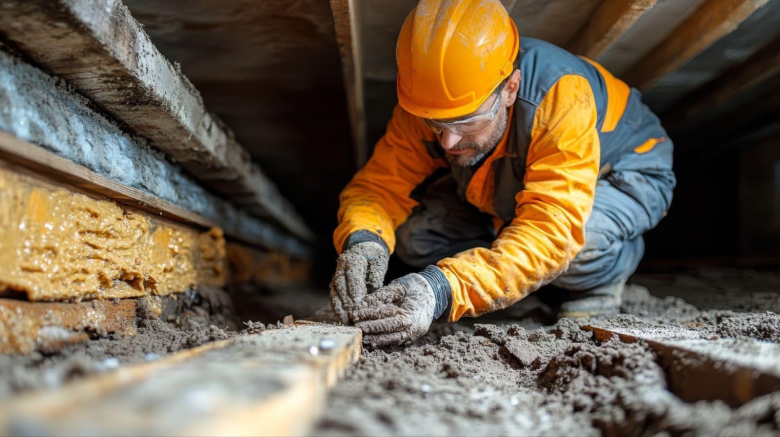 A construction worker in an orange vest and hard hat is engaged in work on a wooden floor