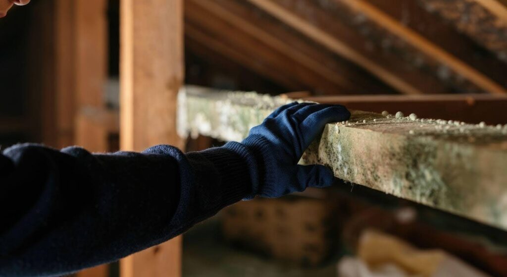 A person in gloves and a blue shirt holds a piece of wood indicating a woodworking project