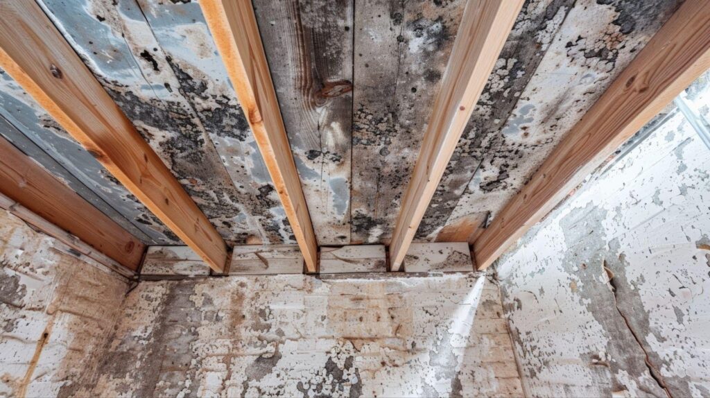Ceiling with mold visible showcasing rustic wood beams in the room