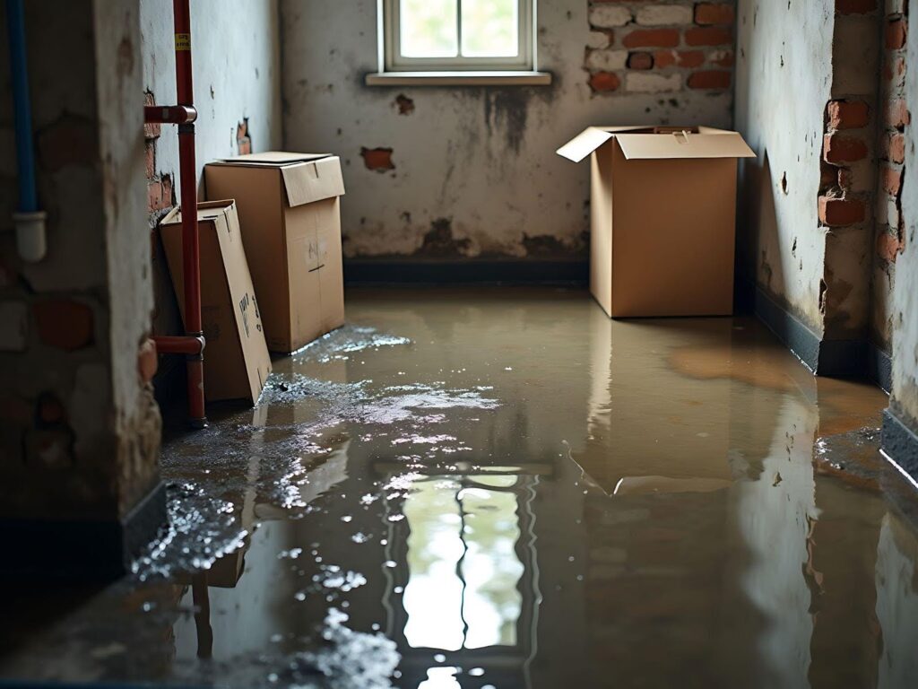 A flooded room filled with water with several boxes partially submerged in the water