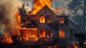 A house ablaze with flames shooting out of the windows highlighting a critical fire situation
