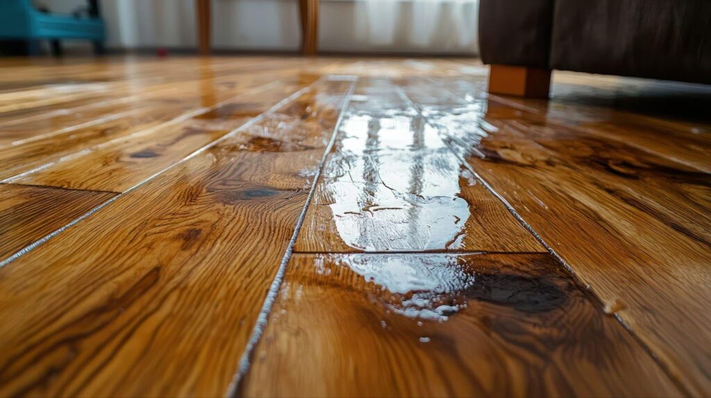 A living room floor showing significant water damage with darkened patches and warped boards
