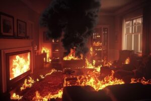 A living room with a fireplace smoke billowing out creating a dramatic and cozy atmosphere