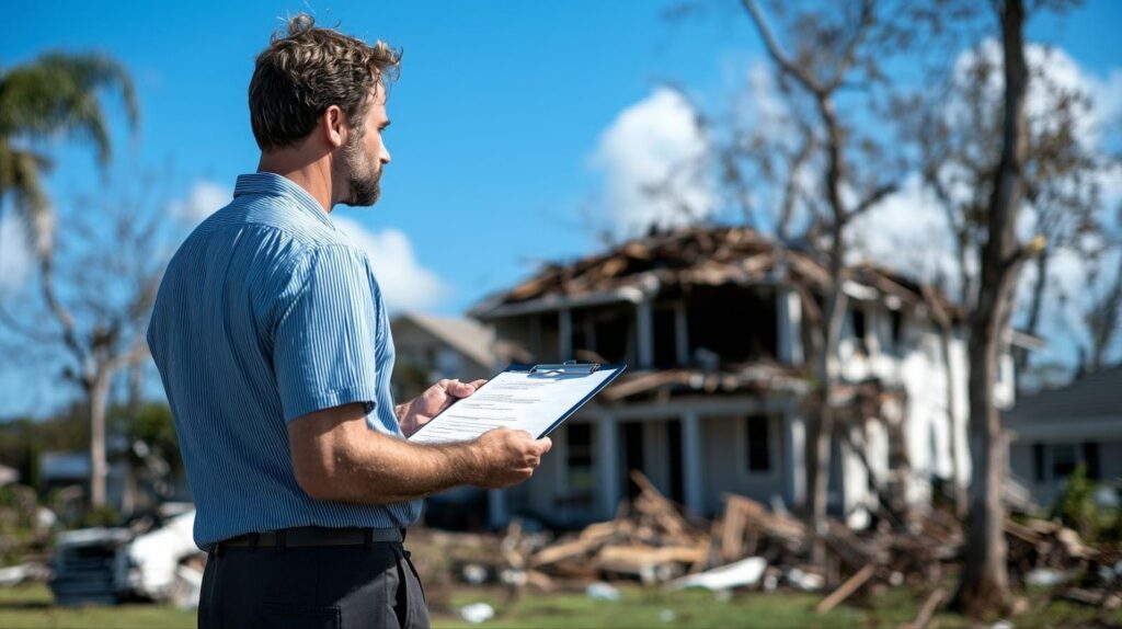 A man in a blue shirt stands with a clipboard in front of a destroyed house