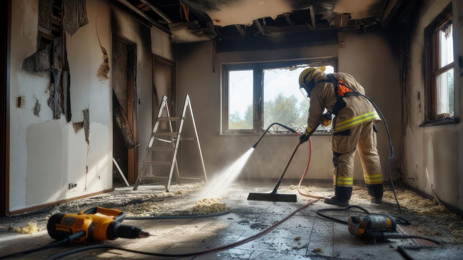 A man in a fire suit operates a hose to clean a room highlighting fire safety
