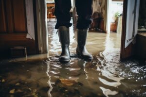 A person in boots stands in a flooded room with water covering the floor
