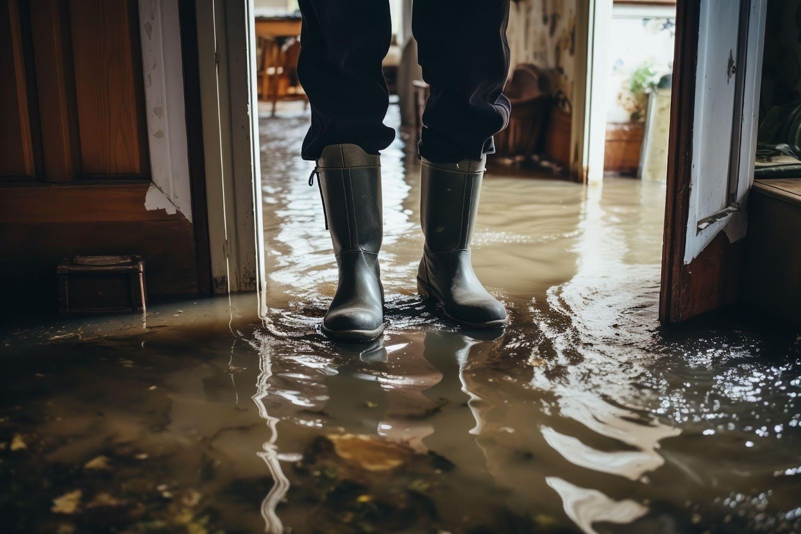 A person in boots stands in a flooded room with water covering the floor