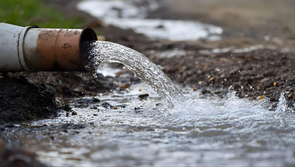 A pipe is discharging water into a flowing stream creating ripples on the water surface