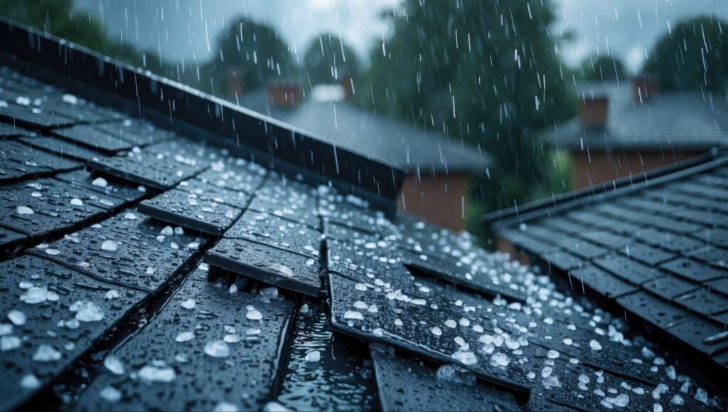 A rooftop scene captures rain pouring down evoking the calmness of a rainy day