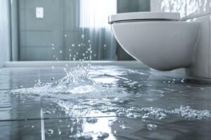 A toilet is overflowing splashing water onto the floor creating a mess in the bathroom