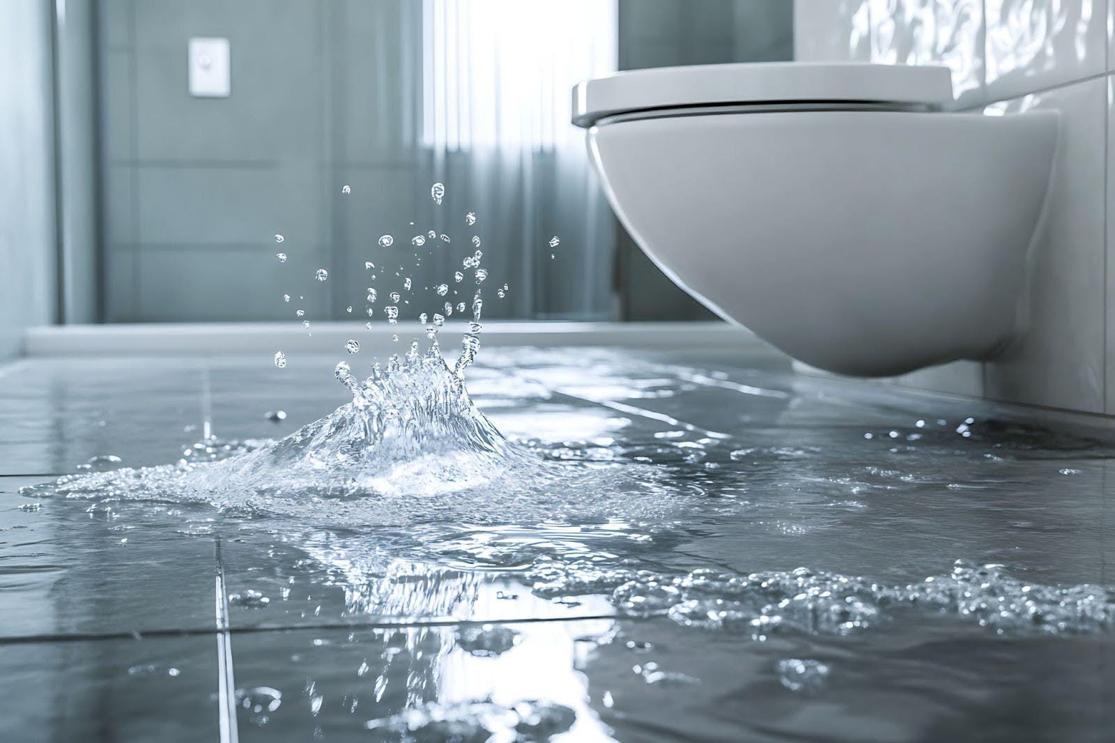 A toilet is overflowing splashing water onto the floor creating a mess in the bathroom