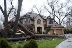 An uprooted tree in front of a house indicates severe weather damage