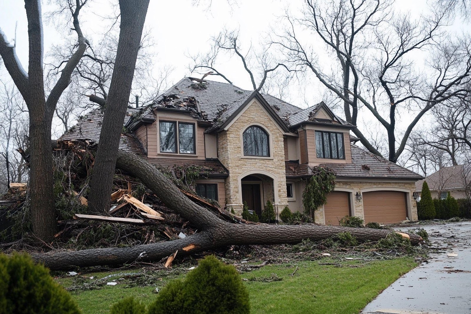 An uprooted tree in front of a house indicates severe weather damage