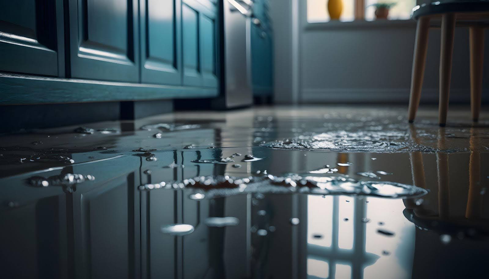 Water pooled on the kitchen floor beside a chair indicating a spill or leak