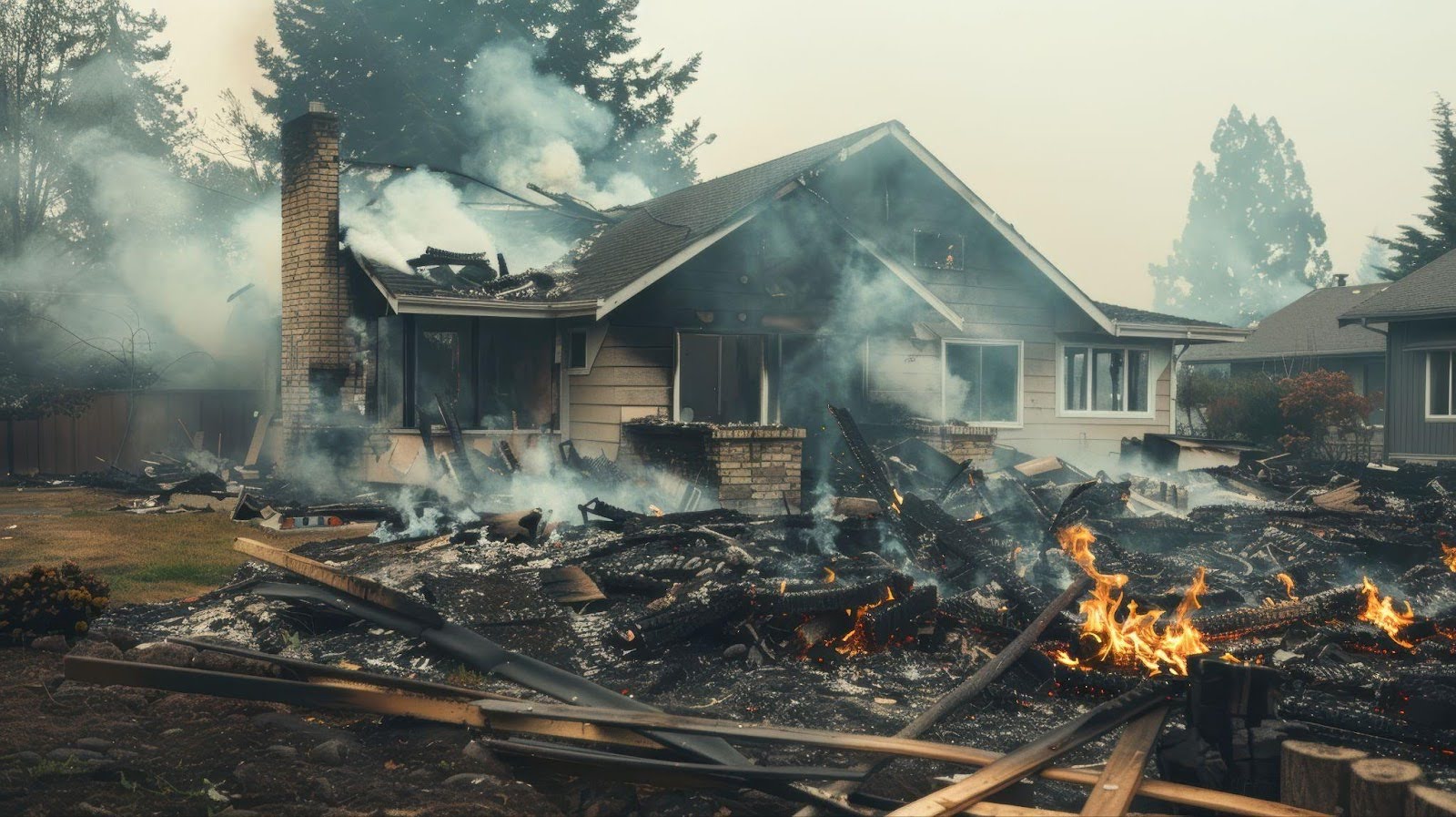 burning house with flames and smoke rising dramatically into the sky