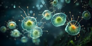 A jellyfish gracefully floating in clear blue water showcasing its translucent body and delicate tentacles