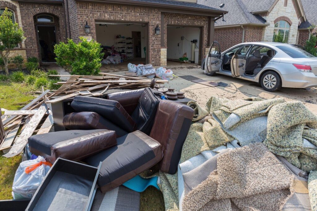 A parked car in front of a house surrounded by furniture and various items on the lawn
