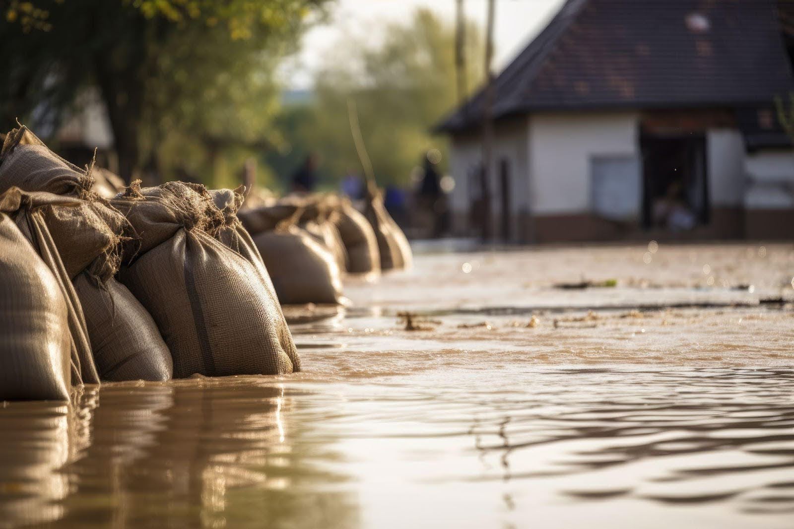 Sandbags are partially submerged in calm water contrasting with the surroundings