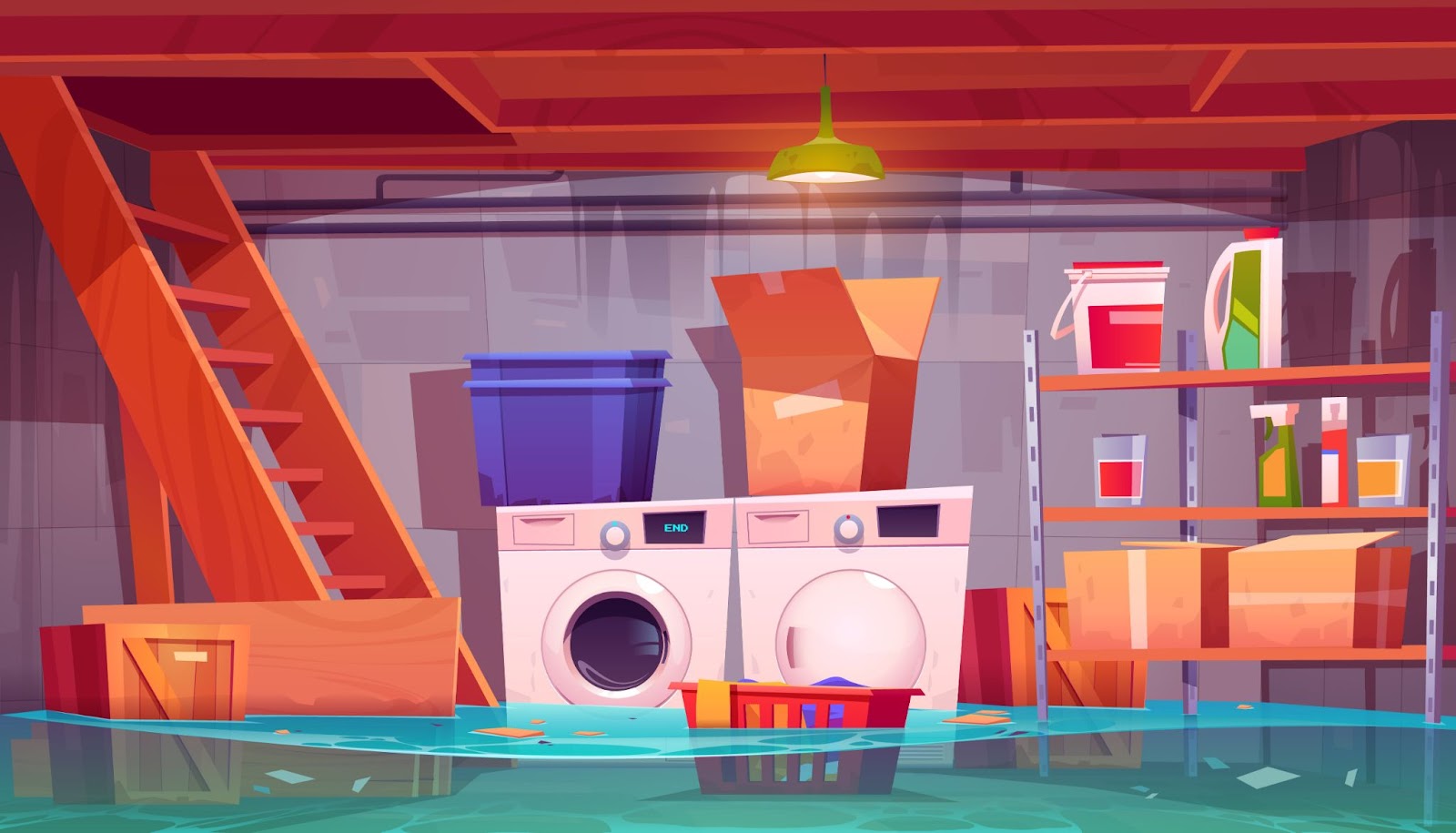 A flooded basement featuring a washing machine surrounded by various household items submerged in water.