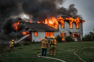 Firefighters extinguishing a house fire at night, with flames illuminating the dark surroundings and smoke rising into the sky.