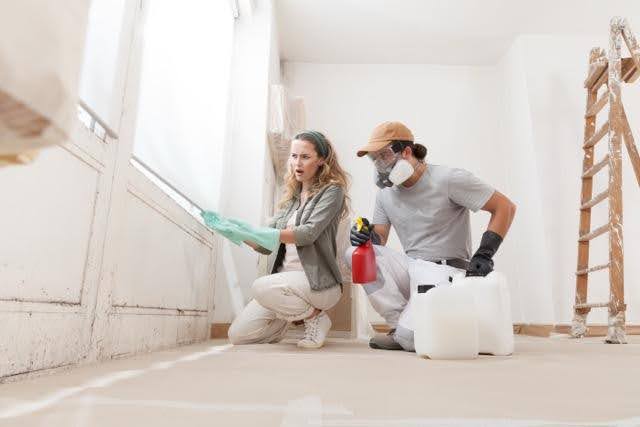 A man and woman in protective gear are painting a room focused on applying fresh paint to the walls