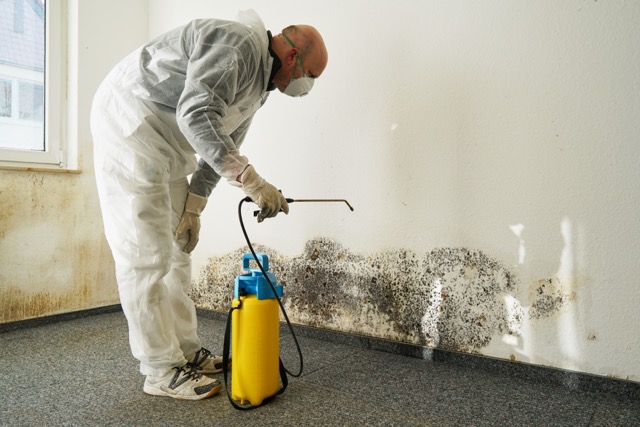 A man wearing white overalls uses a sprayer to treat a moldy wall focusing on mold remediation efforts