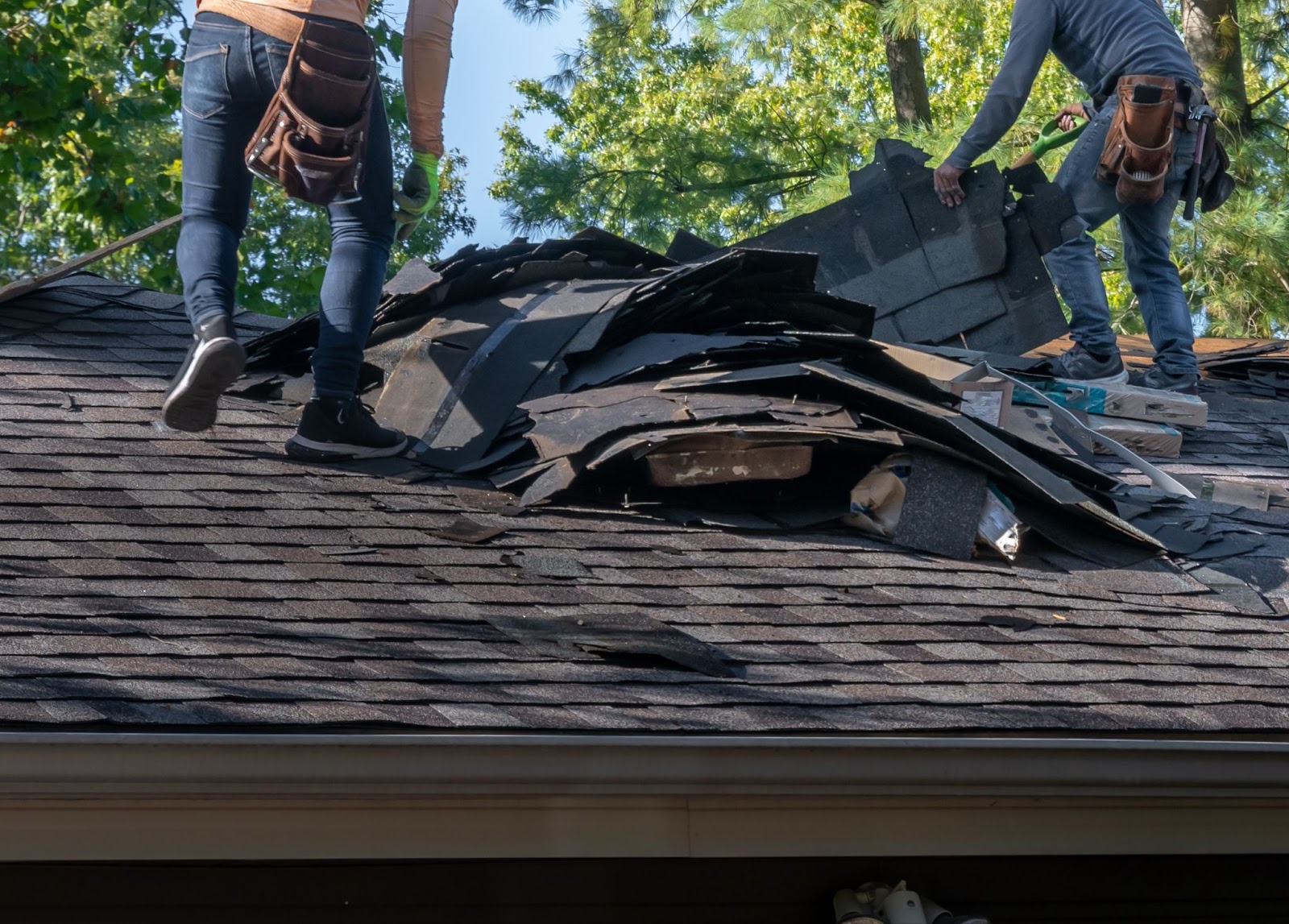Two roofers removing layers of old asphalt shingles from a residential roof during a replacement project.
