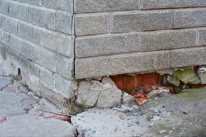 A grey brick building corner shows severe foundation damage with crumbling concrete and exposed red bricks.